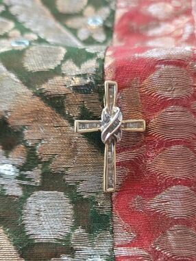 Two Tone 10K Gold Cross Pendant with channel set natural cut baguette Diamonds